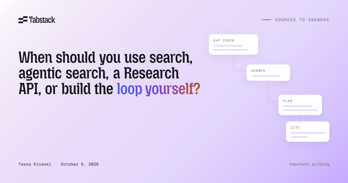 Compare search APIs, agentic search, Research APIs, and DIY loops. Choose by required output, control, data boundaries, and operational ownership.
